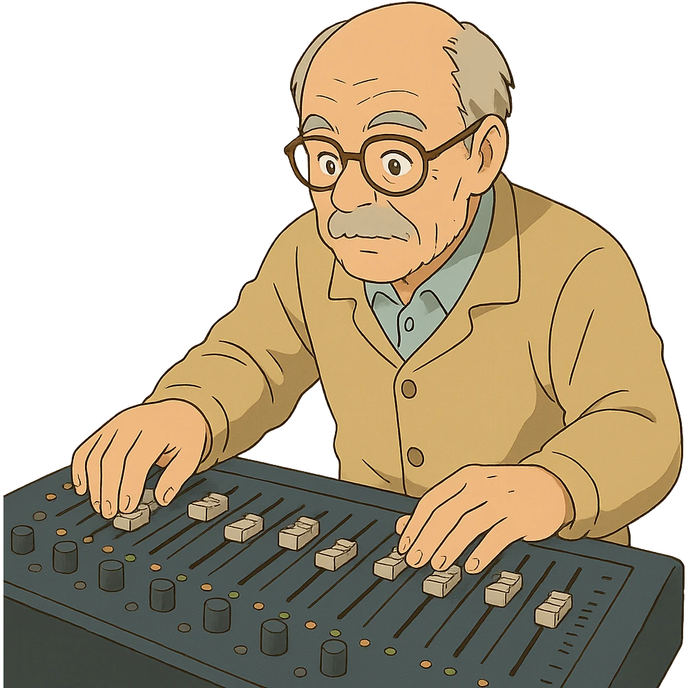 ghibli style senior Caucasian male with glasses, adjusting audio console sliders emoji
