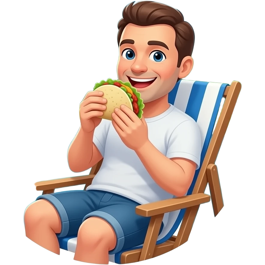 A dad eating a taco in a chair by the pool with a forest font emoji