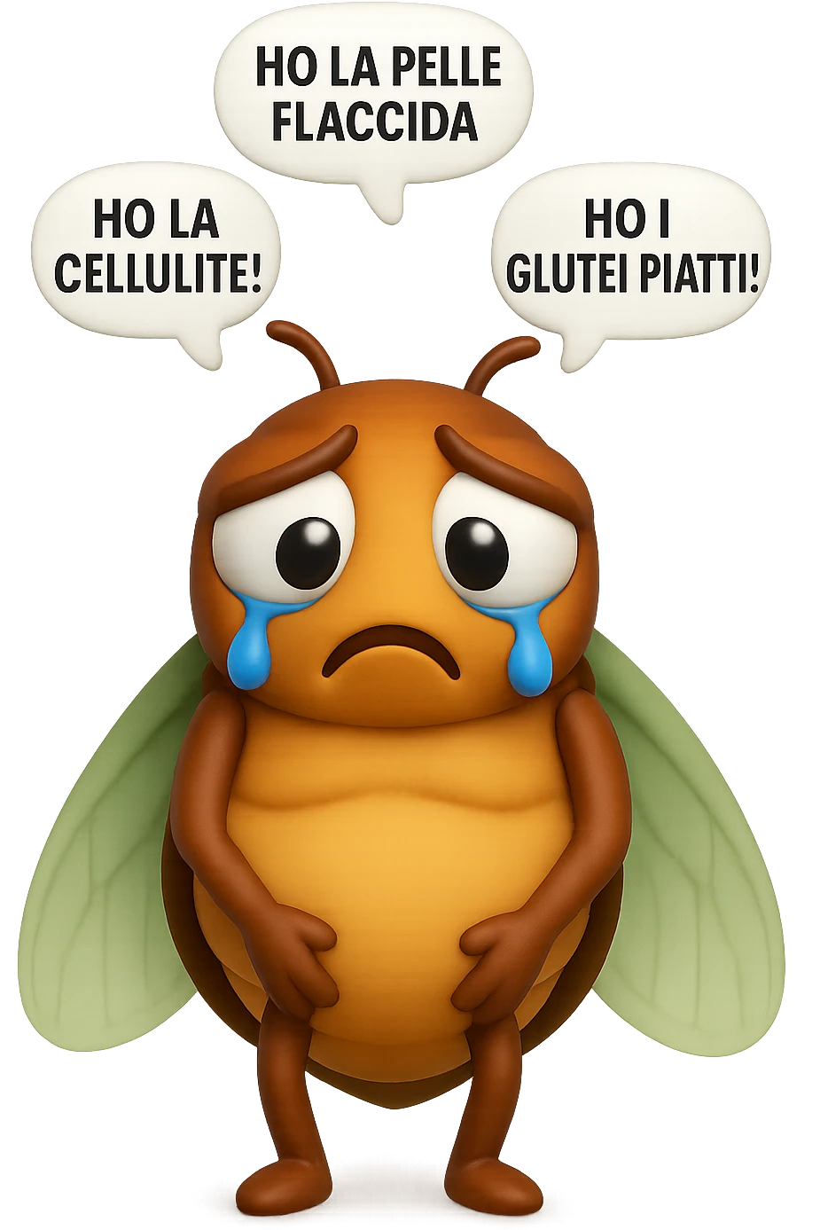 EMOJI STILE IPHONE 3D DI una cicala triste che si tocca le cosce e piange perché non le piace il suo fisico, posa frontale, fagli anche la parte bianca degli occhi, non solo la pupilla, sulla testa della cicala aleggiano i pensieri "HO LA PELLE FLACCIDA", "HO LA CELLULITE!", "HO I GLUTEI PIATTI!" emoji
