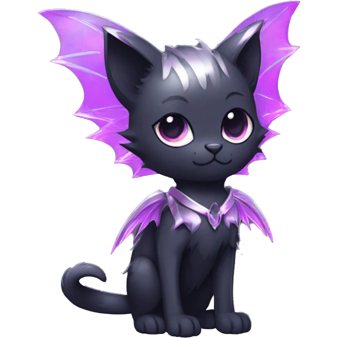 Shiny Cool Punk Black beautiful fantasy Kawaii Ethereal Sona Fakemon-cat-animal with edgy bat-wings-ears Full Body emoji
