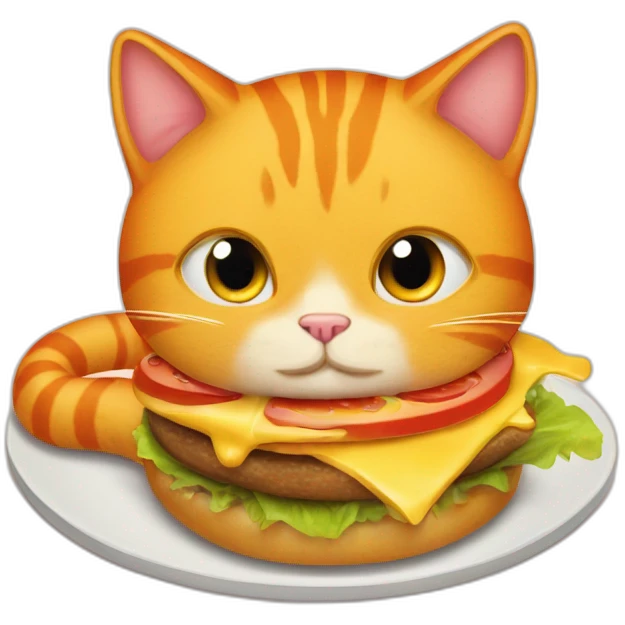 An orange-colred cat devouring a cheeseburger emoji