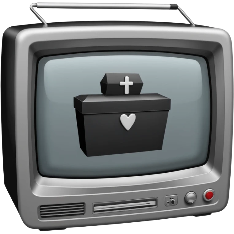 Minimalist emoji-style sticker of a CRT TV in the shape of a coffin, with a cross or static noise on the screen. Desaturated design.  emoji