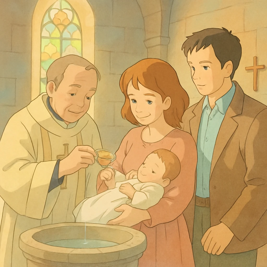 Christian baptism scene, gentle pastel colors, ghibli style emoji