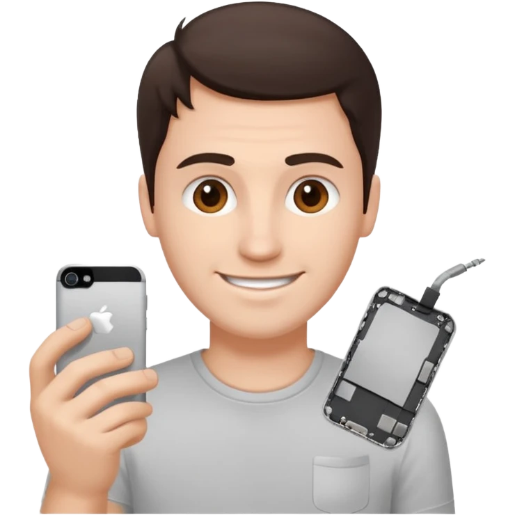 make a white guy with dark brown hair, with a simple white o grey shirt, repairing an iphone, un tecnico happy emoji