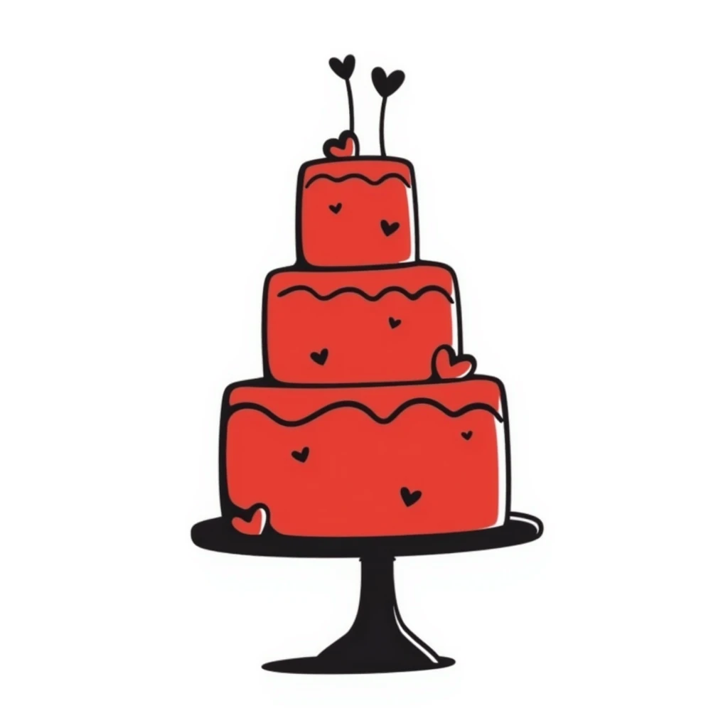 Hand-drawn red wedding cake with decorative layers and small heart details emoji