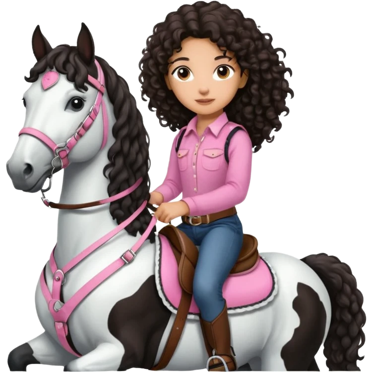 Realistic mixed race girl with long dark brown curly hair, riding a big black and white draft horse, wearing pink harness and saddle  emoji