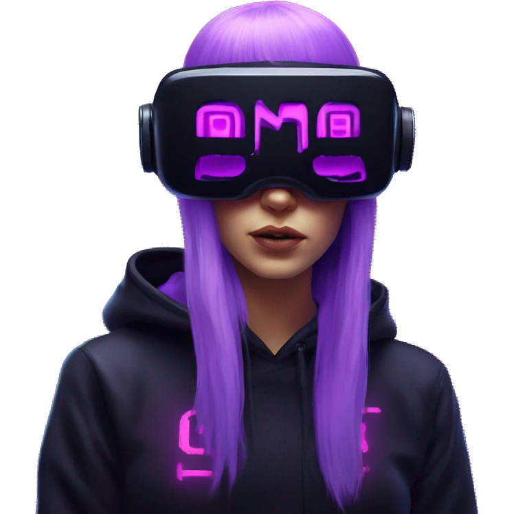 Russian girl wearing black hoody with violet letters "OMG", in vr headset. Cyberpunk style. Violet neon. emoji