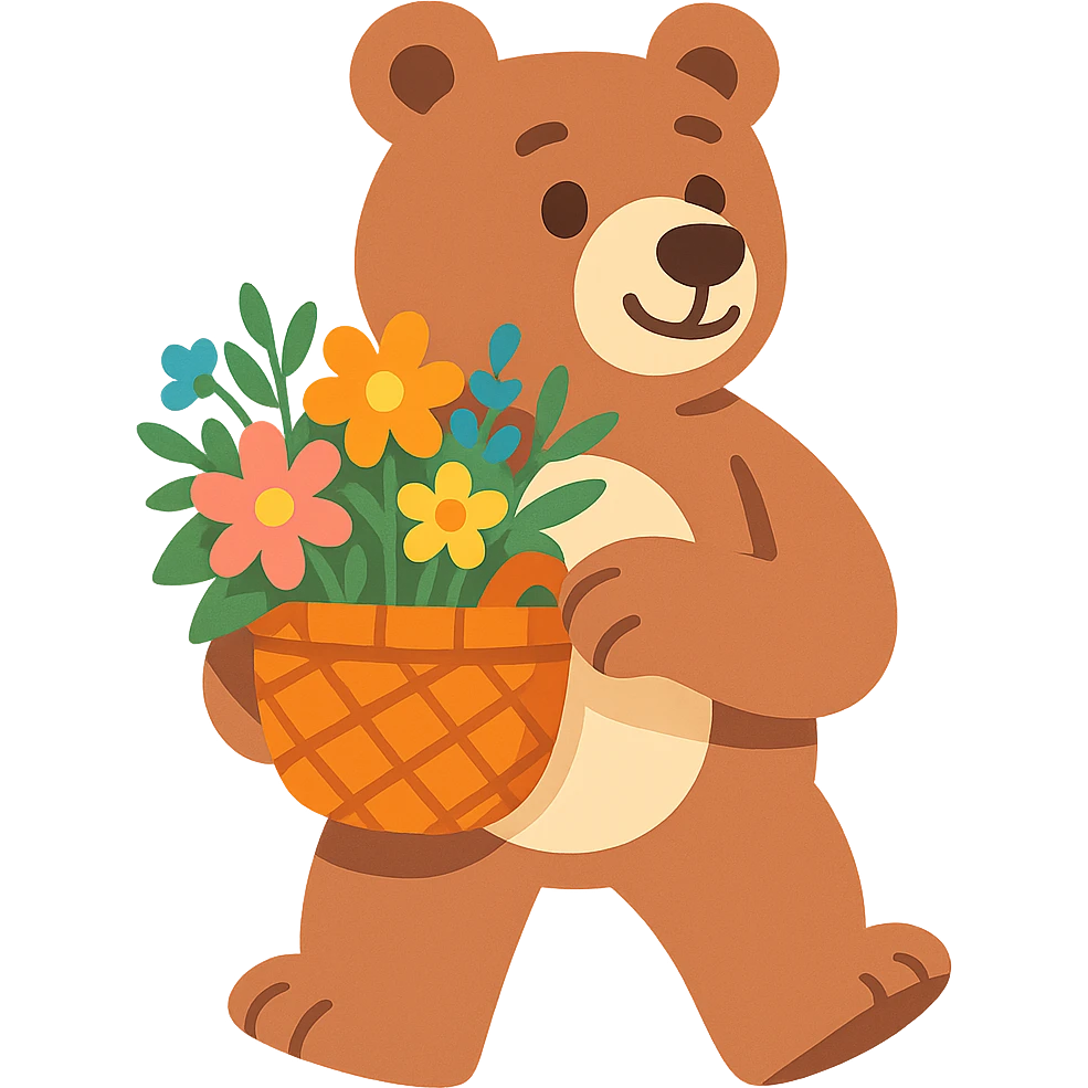 bear carrying a basket of wildflowers, soft pastel brown and cream, vibrant toon style emoji