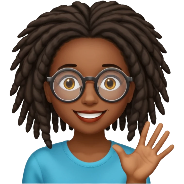 darker skin female with dark dreadlock hair wearing large round glasses with a word bubble saying "nope" emoji
