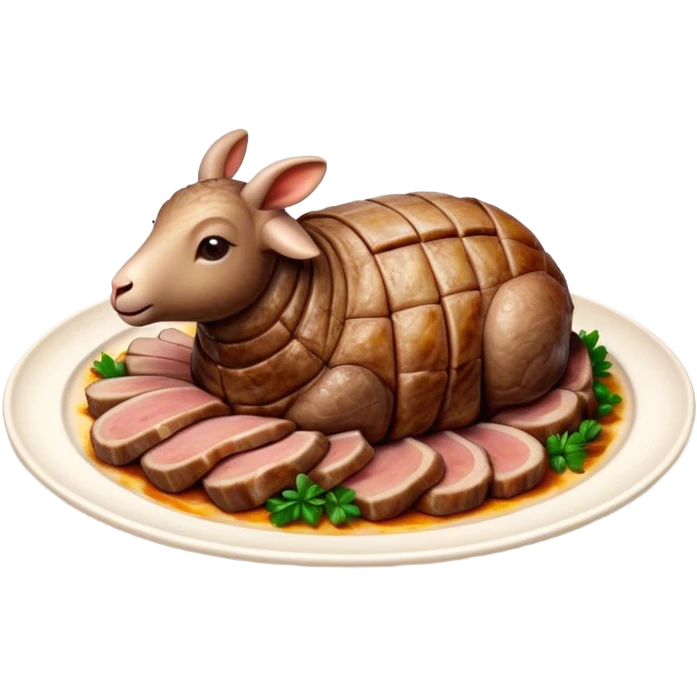 Roast Lamb Cinematic Realistic Roast Lamb Dish Emoji, depicted as thinly sliced roast lamb arranged artfully on a plate, rendered with rich textures and warm, inviting lighting. emoji
