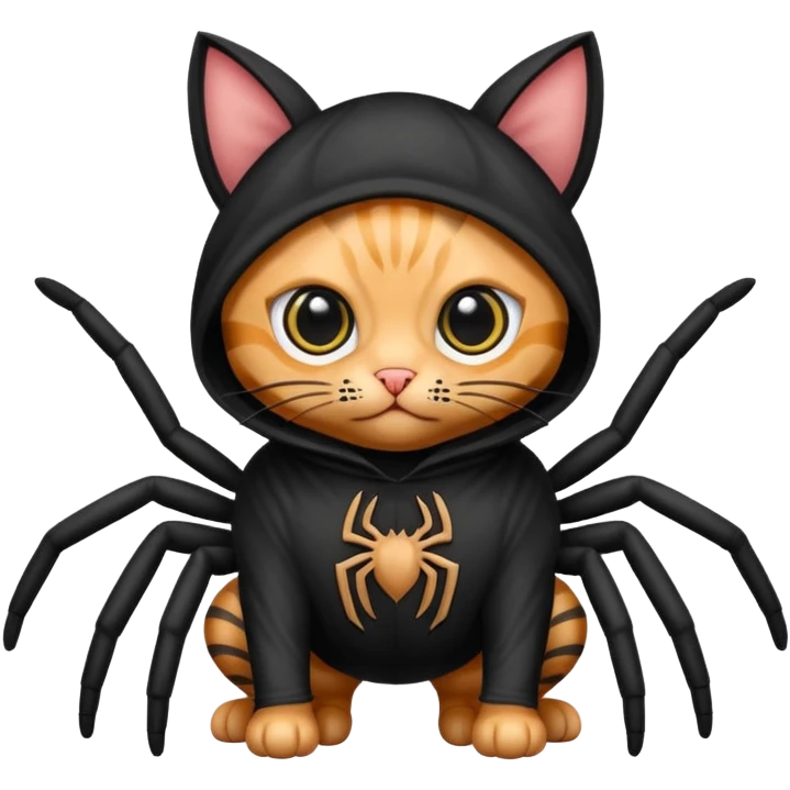Tabby cat wearing a spider costume with big bulgy eyes with no ears in black emoji