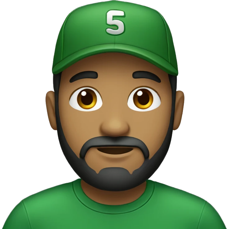 brown man with a dark beard, dark eyes, dark green t-shirt and a BLACK BLACK cap emoji