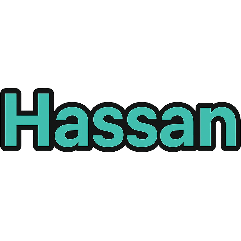 the name 'Hassan' in bold, clear, sans-serif font, Slack emoji style, transparent background emoji