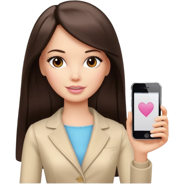 Barbie girl with a long straight dark brown hair inside a pale beige clothes holds an iPhone in her hands emoji