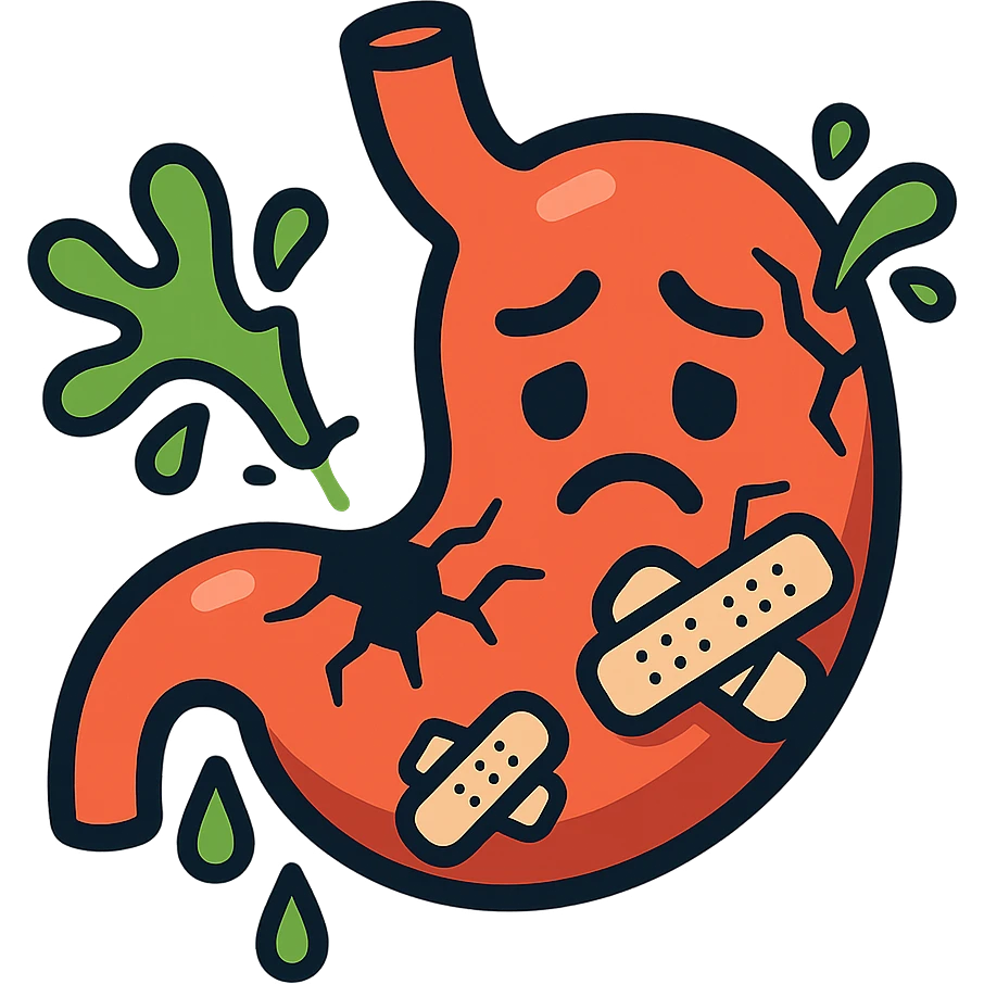 cartoon icon of a stomach character with cracks or holes, sad face, acid splashes, bandages, cute but informative medical style emoji