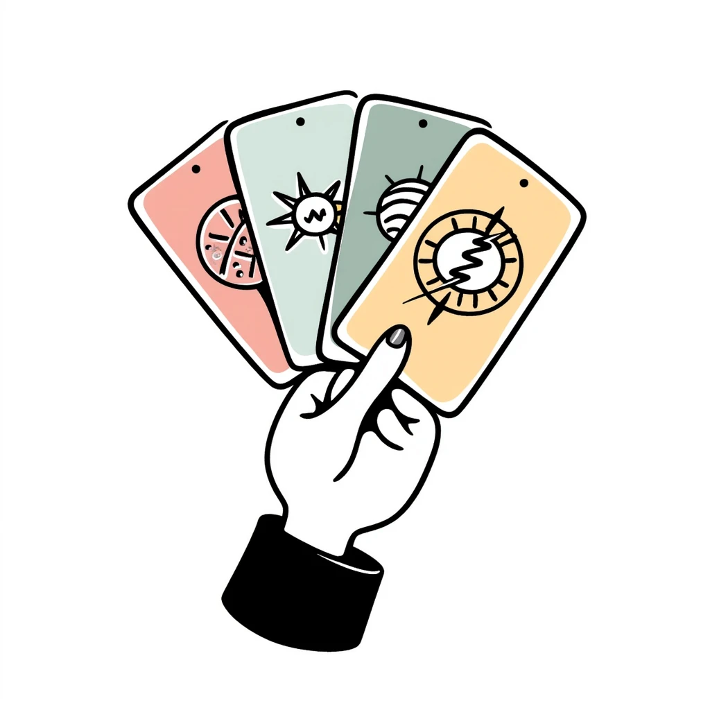 a hand holding a fan of mystical tarot cards with celestial symbols, pastel colors dd9fb0, ffc6d3, a3bfc9, c4bee2, f1b091, detailed hand-drawn doodle style emoji