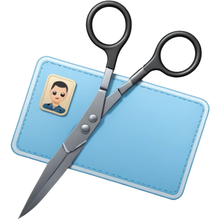 Floating black Scissors cutting a light blue military ID card in 2 parts .hyper realistic emoji