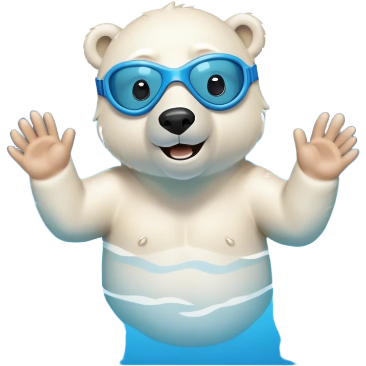 friendly anthropomorphised polar bear swimming freestyle in a pool with excited expression wearing blue swimming goggles emoji
