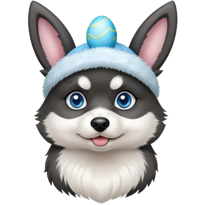 Blue eyed, black and white pomsky wearing easter bunny ears  emoji