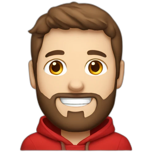white dude smiling with a brown beard and short brown hair with a red hooded hoodie with "Posh" embroidered on the hoodie emoji