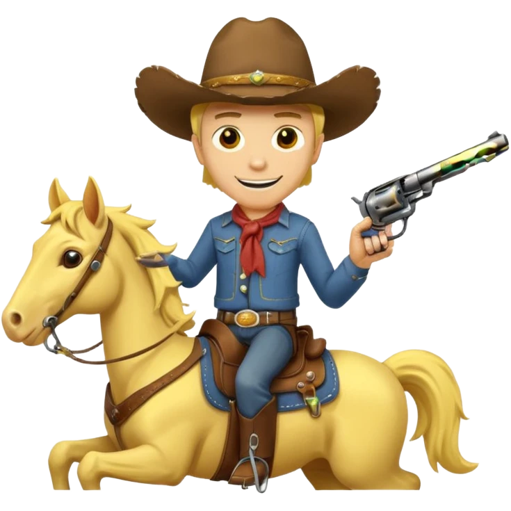 Cowboy riding a horse with revolver. Cowboy With yellow skin and smilling. Simplize it and I need a full pic with horse. Like I need the leg part too emoji