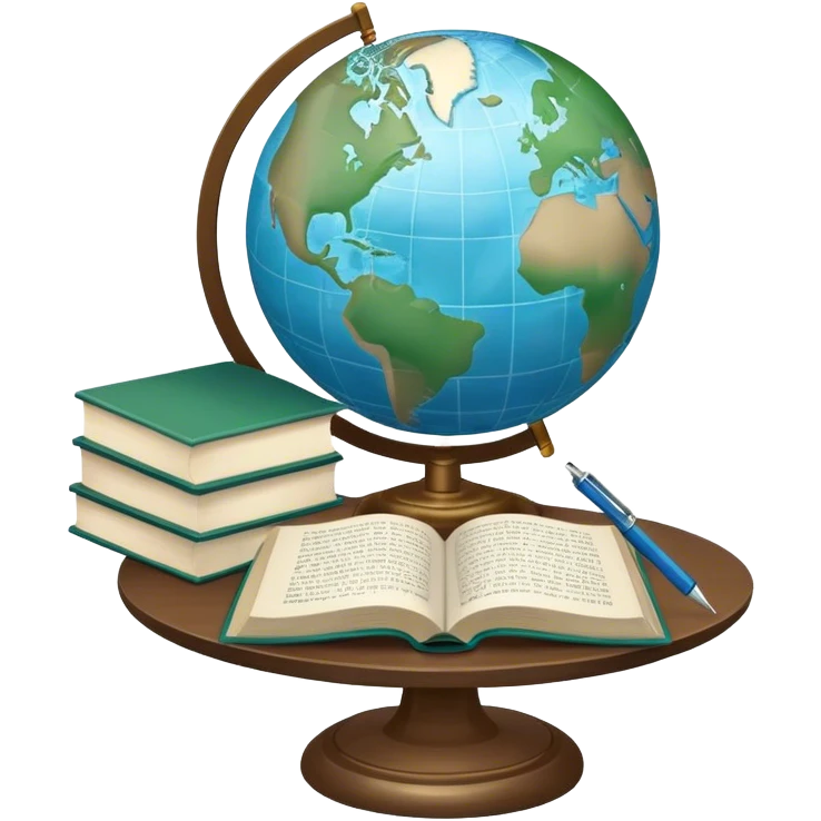Create an emoji representing language translation. The design should feature just one globe in the background, symbolizing international communication. In front of the globe, place two opened books with texts on them and a pen nearby to indicate the act of writing. Use a clean and professional color palette with blues, greens, and neutral tones. Make the background transparent. emoji