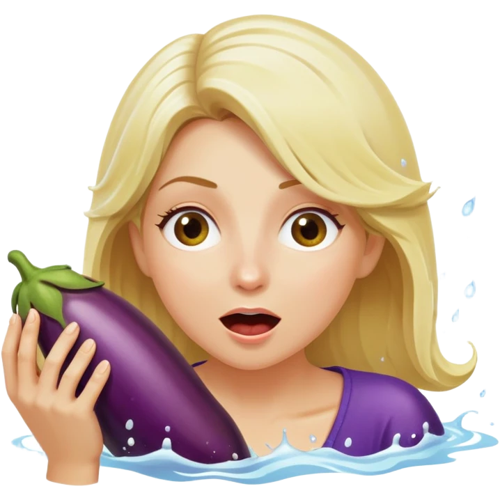 blond woman eating an eggplant, water stream squirting out of the aubergine, surprised expression, clear water splash emoji