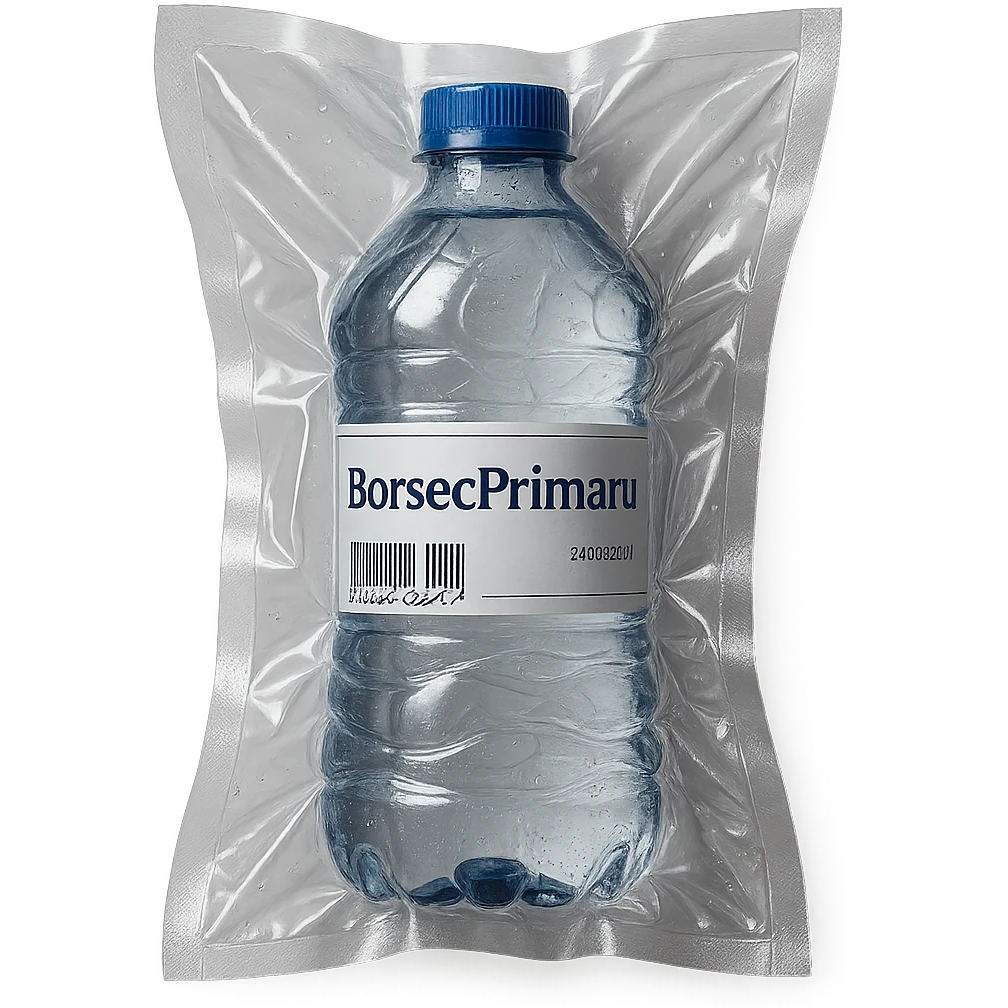 vacuum-sealed style bottle of water labeled 'BorsecPrimaru' emoji