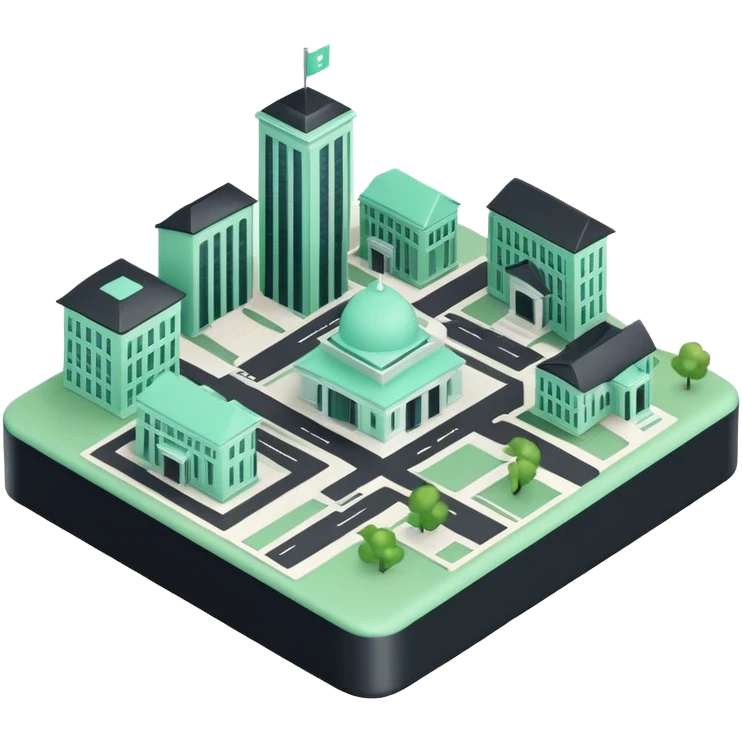 Collectivités Territoriales (Local Authorities), 3D techy icon with black and mint green (#B5F4D3) color scheme, regional map with administrative buildings emoji