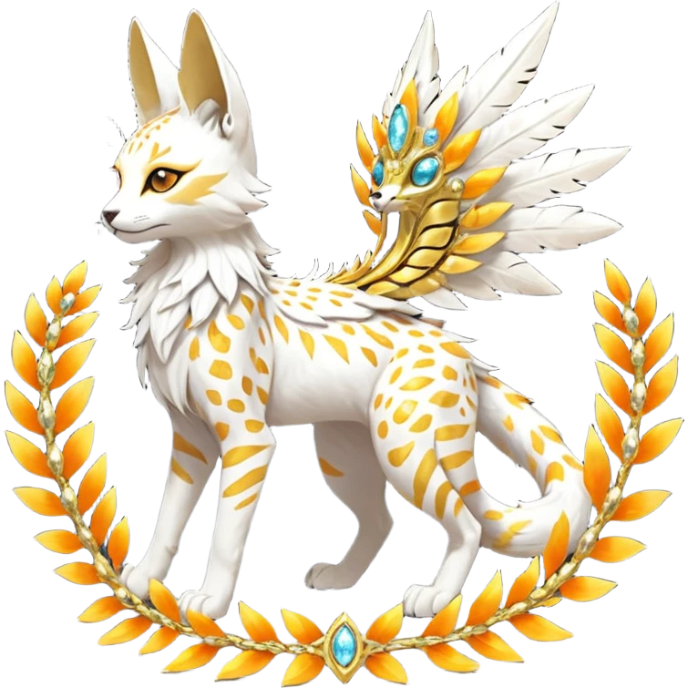 Epic complex fantasy glorious detailed futuristic divine godly angelic feathery sunny, white, albino, pastel, golden, orange glowing sparkly, realistic Fakémon-Sprigatito-Floragato-Meowscarada-Trico-Sergal-Serval-Solgaleo-Vernid-creature (full body) solarpunk, shiny sparkly with gold wreaths emoji