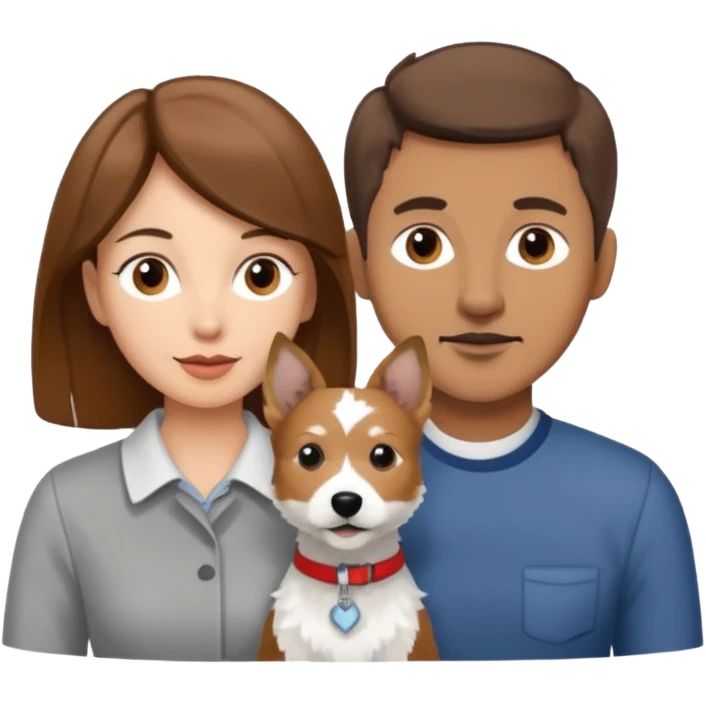 Quiero una pareja la mujer con el pelo castaño y el hombre con el color apenas moro hito con un perro Fox terrier blanco con gris  emoji