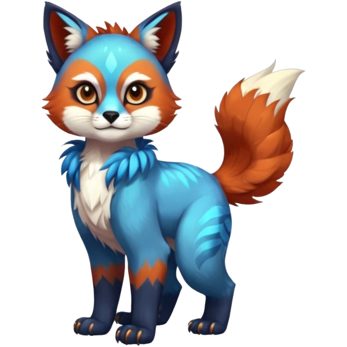 Colorful tropical blue exotic cute cool beautiful shiny beautiful fantasy-caracal-Gryphon-Cacomistle-Trico-Red-Panda-oncilla-animal-Fakémon-hybrid-fursona (full body) emoji