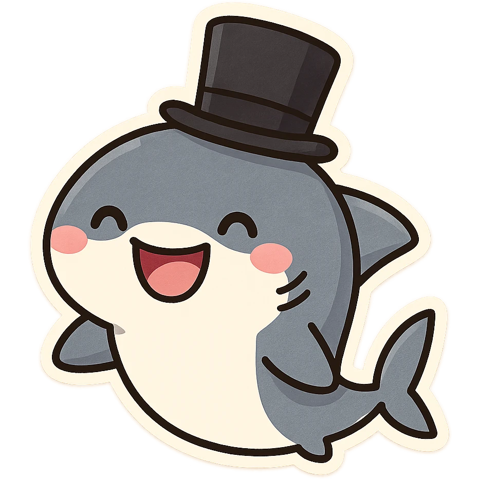 cartoon shark with a black top hat, smiling, cute and fun style emoji