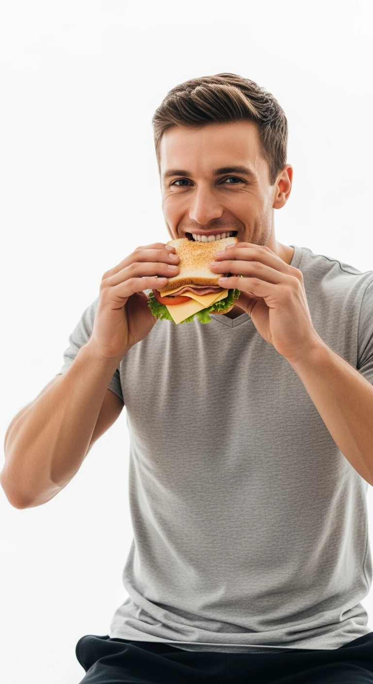 uomo fitness felice con che mangia un panino, sfondo bianco emoji