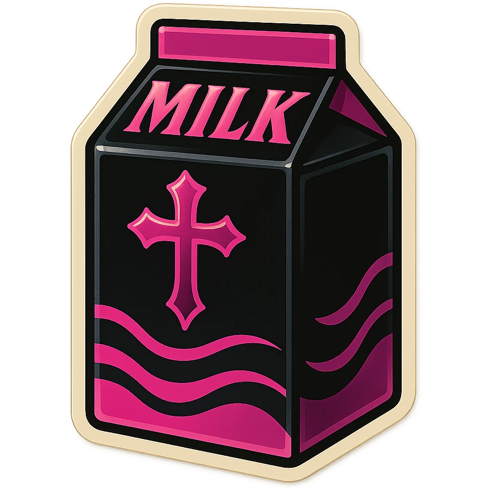 gothic milk carton, black and pink, retro stickers style emoji