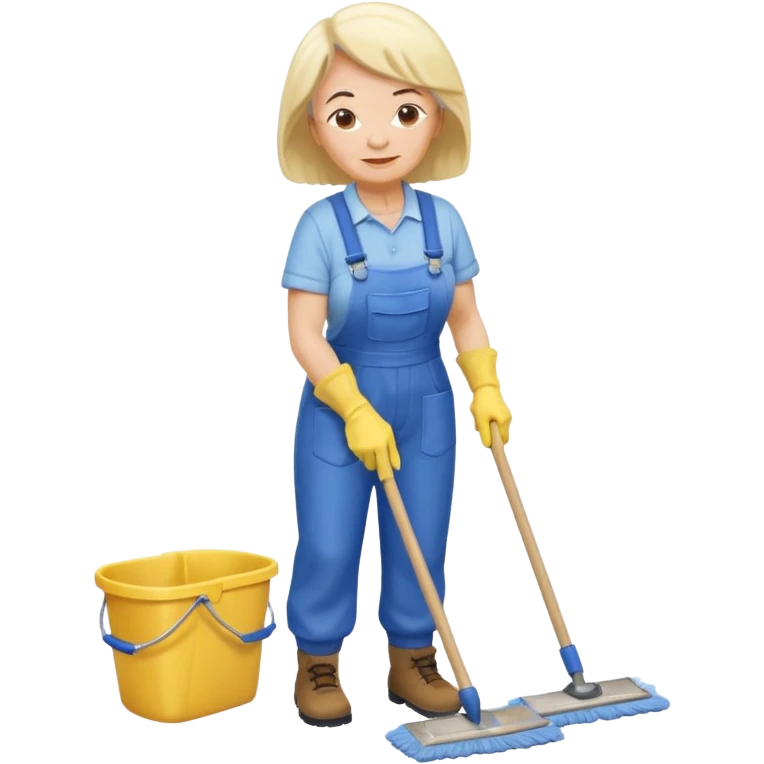 old women, Custodian with yellow rubber gloves, white T-shirt, blue overalls, mopping floor emoji