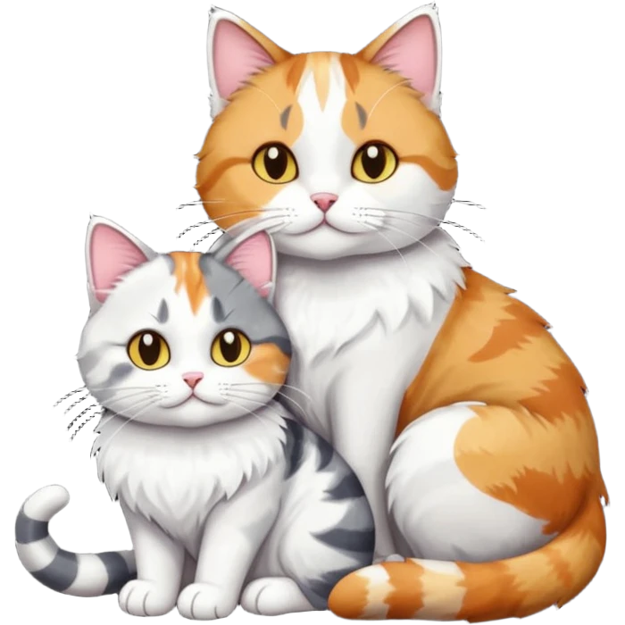 full body colourful light patched calico + white tabby cat cuddling a bigger cat that is dark grey and white tabby cat  and they are in love emoji