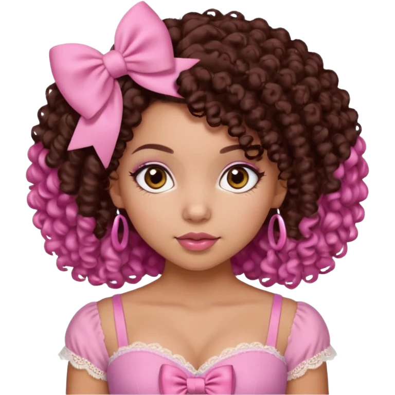 medium-light kinned afro-latina girl with medium length chocolate brown side part curly hair, brown eyes, pink sweetheart necklined top with lace, round wide-ish nose, chubby long shaped face, pink hair bow emoji