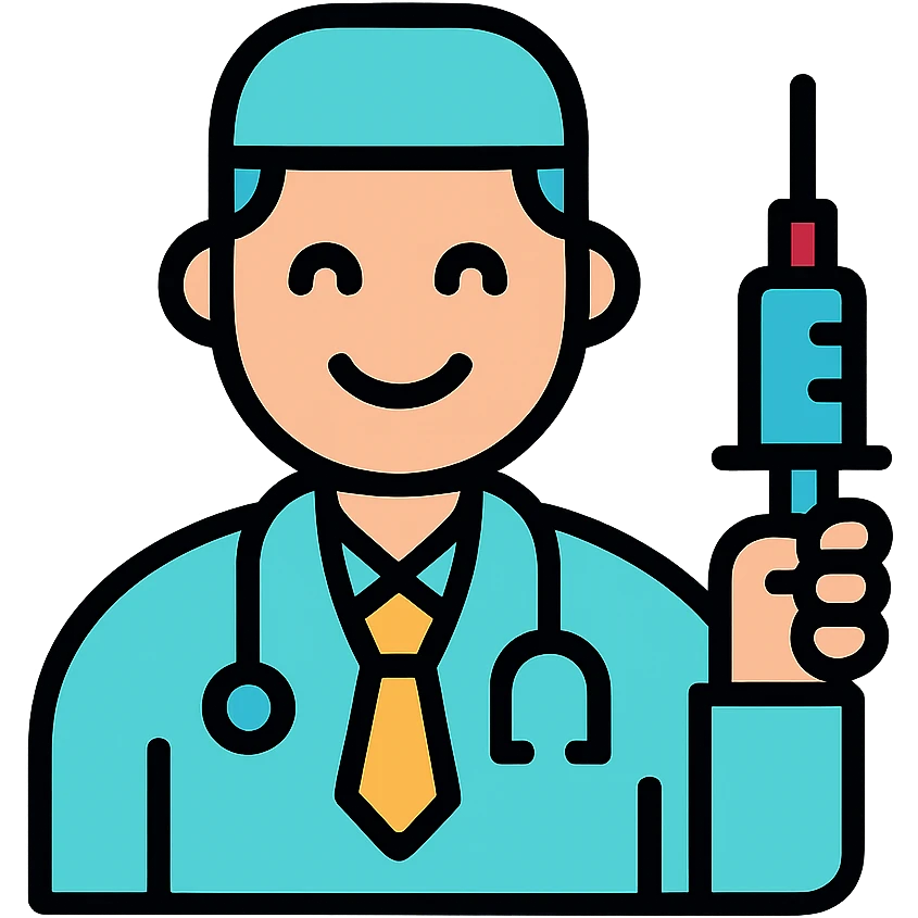 happy doctor holding a syringe, color outline icon style emoji