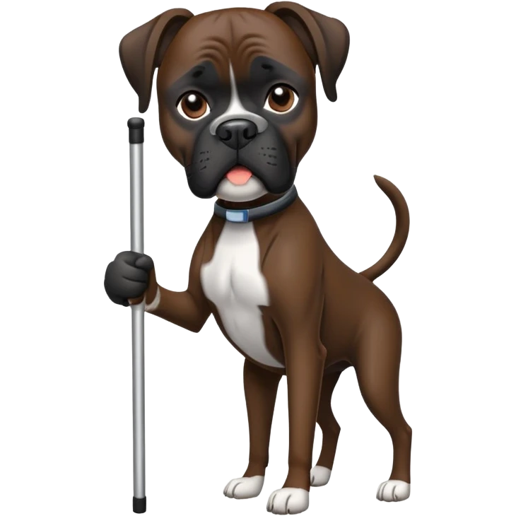 Elderly dark black boxer dog standing on hind 2 legs using one cane emoji