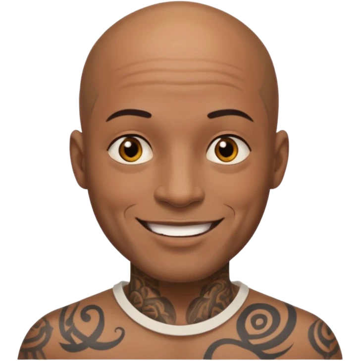 This is a cartoon-style avatar of a bald man with dark skin, golden-brown eyes, and several tattoos on his face, smiling with a friendly expression. emoji