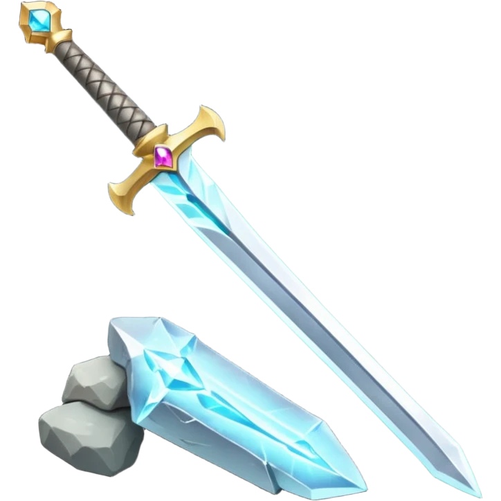Shining silver sword with jeweled hilt, stuck in a stone, glowing aura.  emoji
