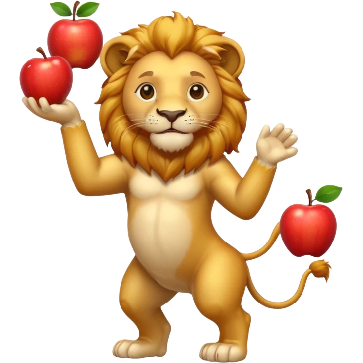 a Circus cute lion juggling two apple emoji
