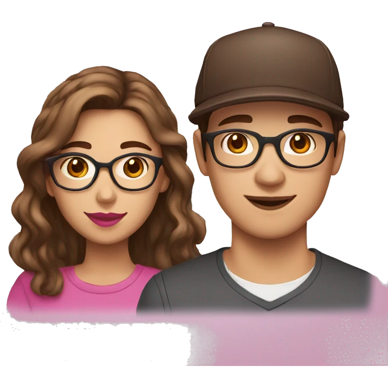 teenage brothers, woman with brown hair, brown eyes, pink lipstick and glasses. Man with brown hair, brown eyes and cap emoji