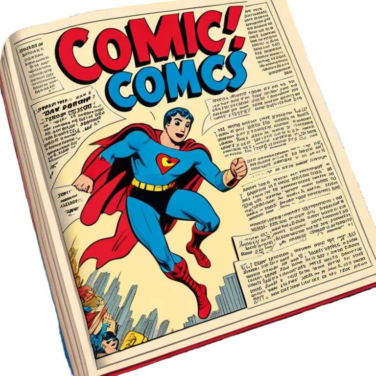 Create a vibrant emoji representing comic books and graphic novels. The design should feature a large, open comic book or vintage comic magazine with pages displaying classic comic art, with text. The comic pages should have bold, dynamic panels and action scenes. Include a pencil writing on the pages, but without a hand, to symbolize the artistic creation of comics. Use bright colors like red, blue, and yellow, with a retro feel to the design. Make the background transparent. emoji