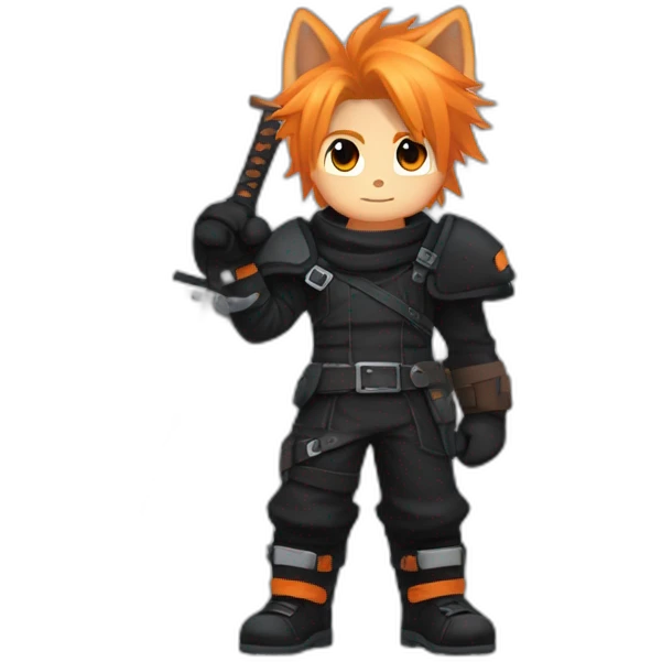 cloud strife  with orange hair. Black clothes full body with Buster sword and black and brown and white Rottweiler husky  emoji
