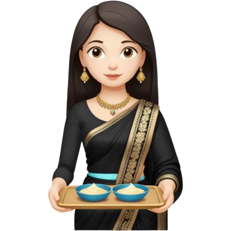 Russian girl in Indian black saree with full image from head to leg and holding one small cream colour plastic tray in her both hands emoji