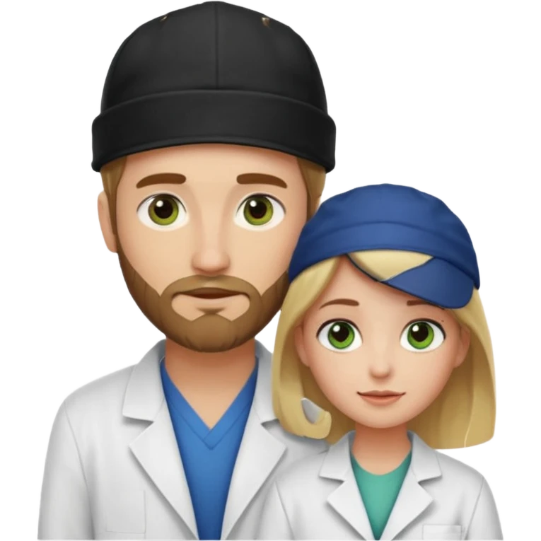 a blonde bearded guy wearing black cap, tall, fair skinned, brown eyes,  looking into the girls eyes who is short than him having green eyes and brown hair, who is in love with the guy, girl is wearing a lab coat, guy is wearing a brown jacket and blue jeans emoji