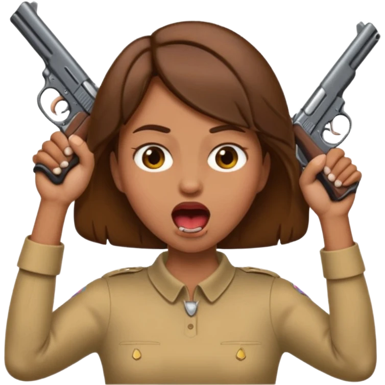 the woman emoji with brown hair and tan skin choking herself  with both hands around her neck with her mouth open and two arms from behind her holding a gun in each hand point directly at her head emoji