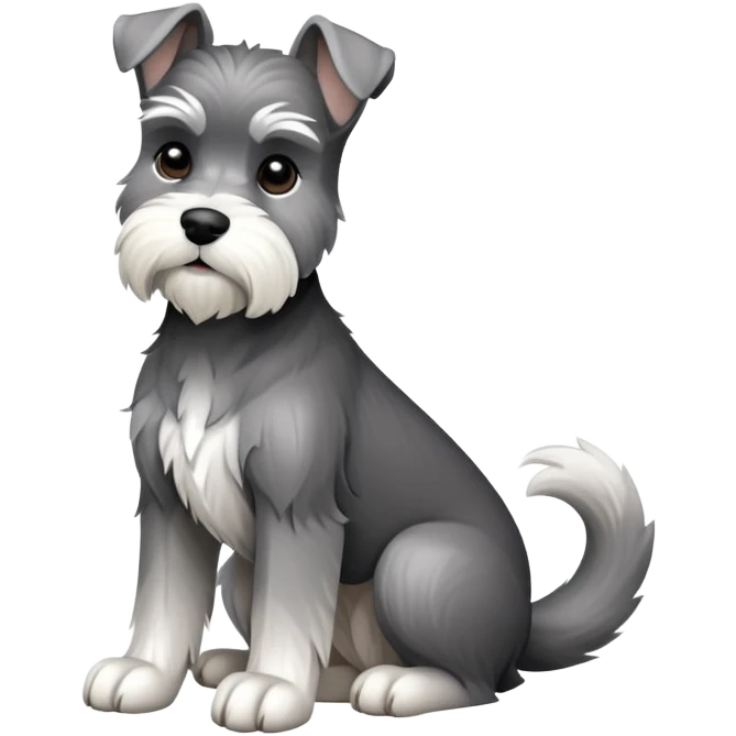 cinematic-[schnauzer]-realistic-full-body-sitting-emoji,-tail-resting-loosely-beside-its-paws,-head-tilted-dramatically, -sleek-[grey and white]-fur,-simplified-yet-realistic-focused-features,-highly-detailed,-glowing-with-an-almost-sarcastic-glow emoji